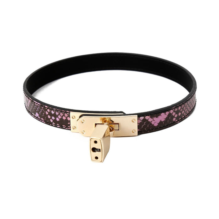 Kiotos Leather - Smalle Collar Met Reptielenprint - Goud/Roze-Laced-up.nl