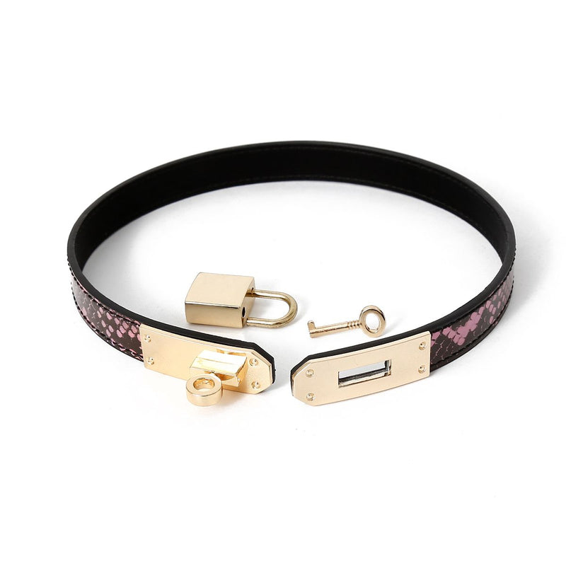 Kiotos Leather - Smalle Collar Met Reptielenprint - Goud/Roze-Laced-up.nl