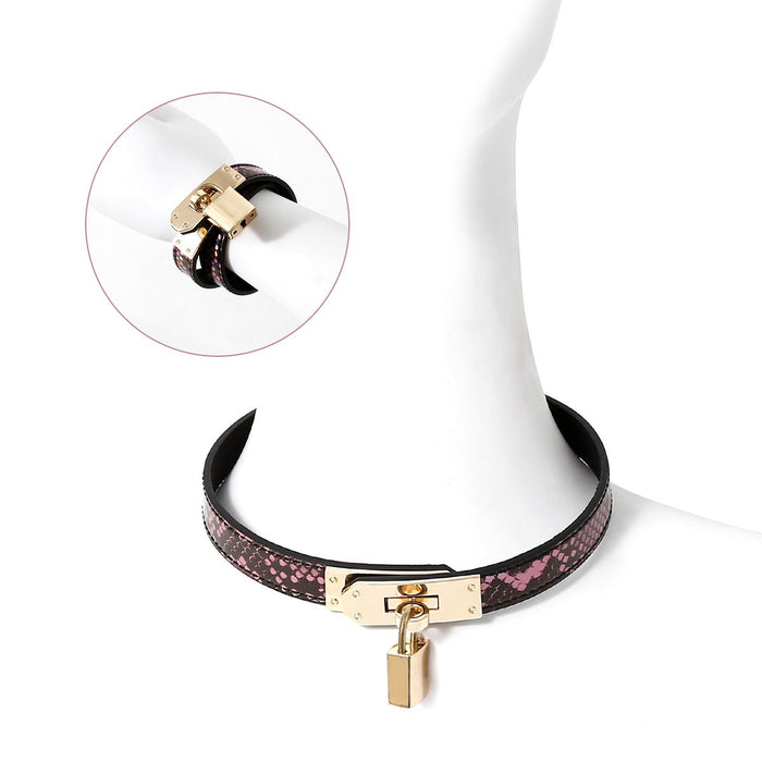 Kiotos Leather - Smalle Collar Met Reptielenprint - Goud/Roze-Laced-up.nl