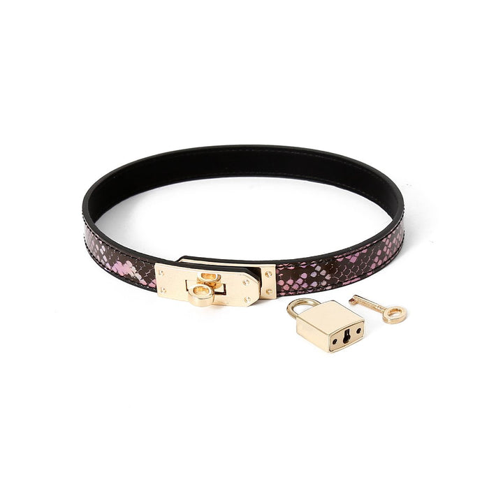 Kiotos Leather - Smalle Collar Met Reptielenprint - Goud/Roze-Laced-up.nl
