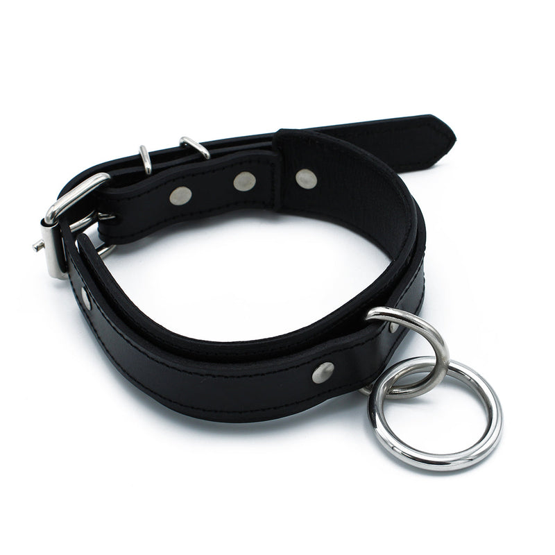 Kiotos - Zwart Lederen Collar met Grote O-Ring-laced-up.nl