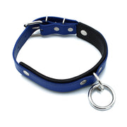Kiotos - Zwart/Blauwe Lederen Collar met Grote O-Ring-laced-up.nl