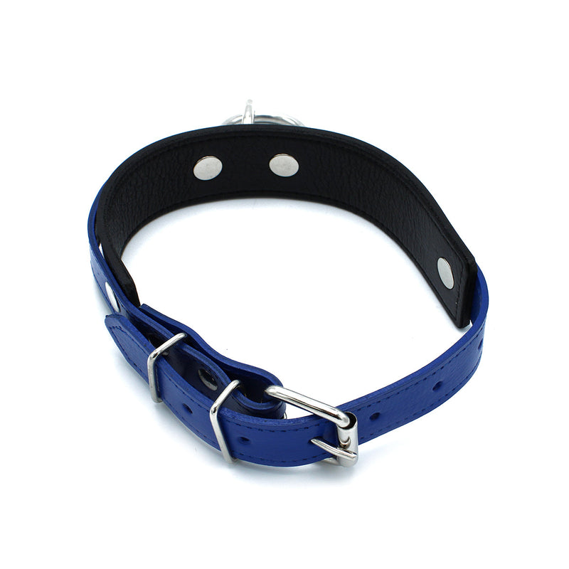 Kiotos - Zwart/Blauwe Lederen Collar met Grote O-Ring-laced-up.nl