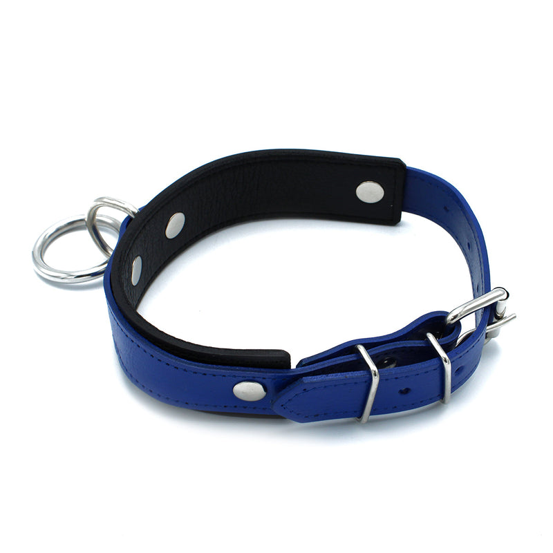 Kiotos - Zwart/Blauwe Lederen Collar met Grote O-Ring-laced-up.nl
