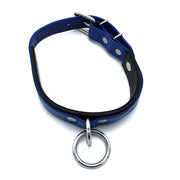 Kiotos - Zwart/Blauwe Lederen Collar met Grote O-Ring-laced-up.nl