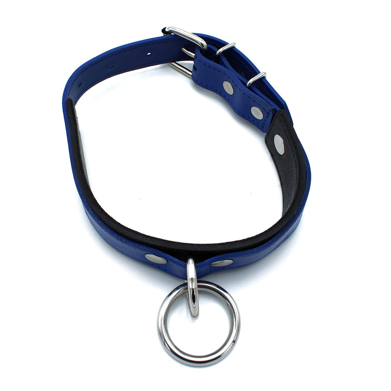 Kiotos - Zwart/Blauwe Lederen Collar met Grote O-Ring-laced-up.nl