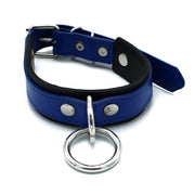 Kiotos - Zwart/Blauwe Lederen Collar met Grote O-Ring-laced-up.nl