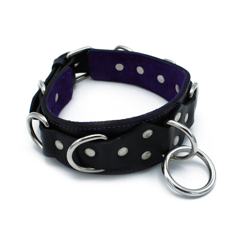 Kiotos - Zwarte Lederen Collar Deluxe met O-Ring en Multi-D-Ringen-laced-up.nl