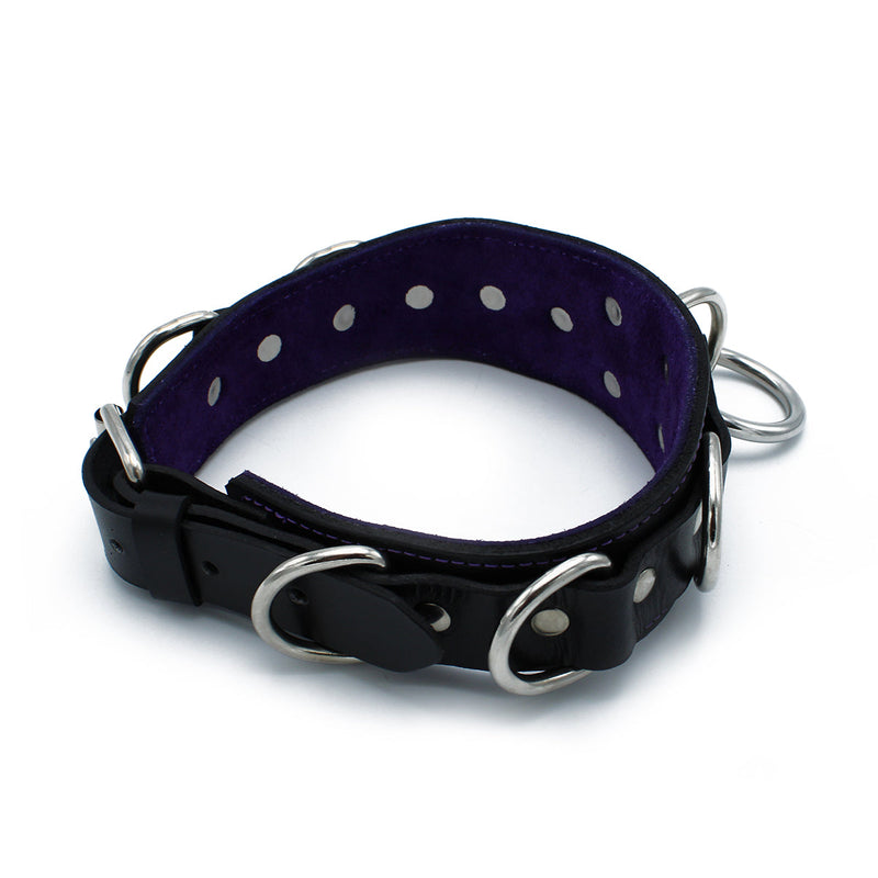 Kiotos - Zwarte Lederen Collar Deluxe met O-Ring en Multi-D-Ringen-laced-up.nl