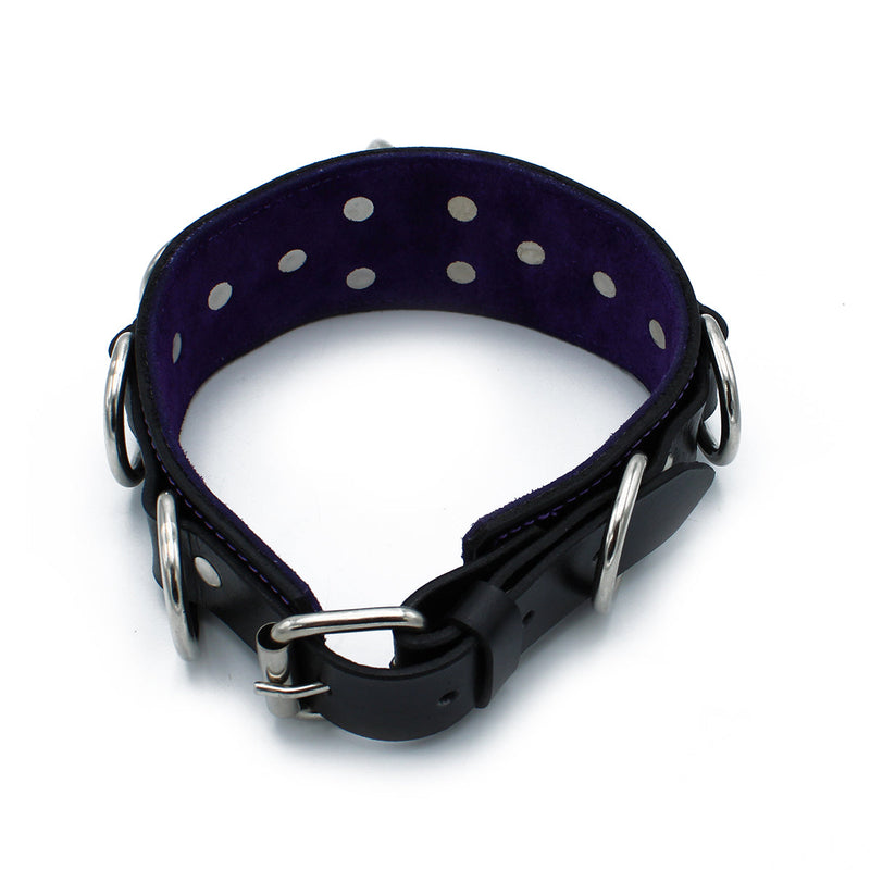 Kiotos - Zwarte Lederen Collar Deluxe met O-Ring en Multi-D-Ringen-laced-up.nl