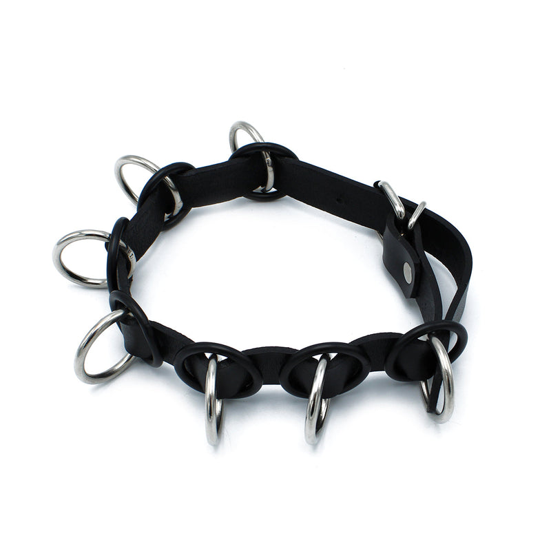 Kiotos - Zwarte Lederen Collar met 7 Statement Ringen-laced-up.nl