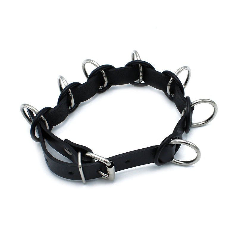 Kiotos - Zwarte Lederen Collar met 7 Statement Ringen-laced-up.nl