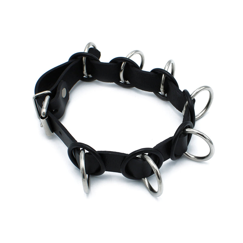 Kiotos - Zwarte Lederen Collar met 7 Statement Ringen-laced-up.nl