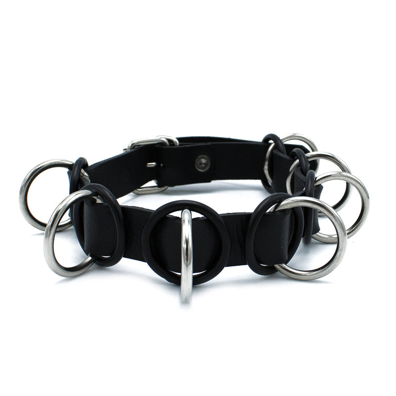 Kiotos - Zwarte Lederen Collar met 7 Statement Ringen-laced-up.nl