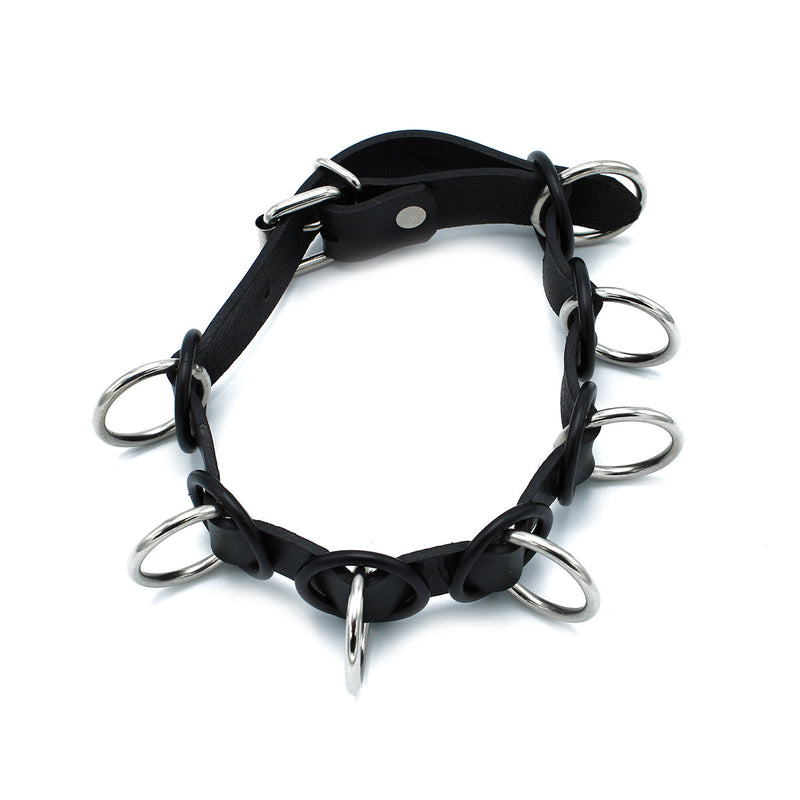 Kiotos - Zwarte Lederen Collar met 7 Statement Ringen-laced-up.nl