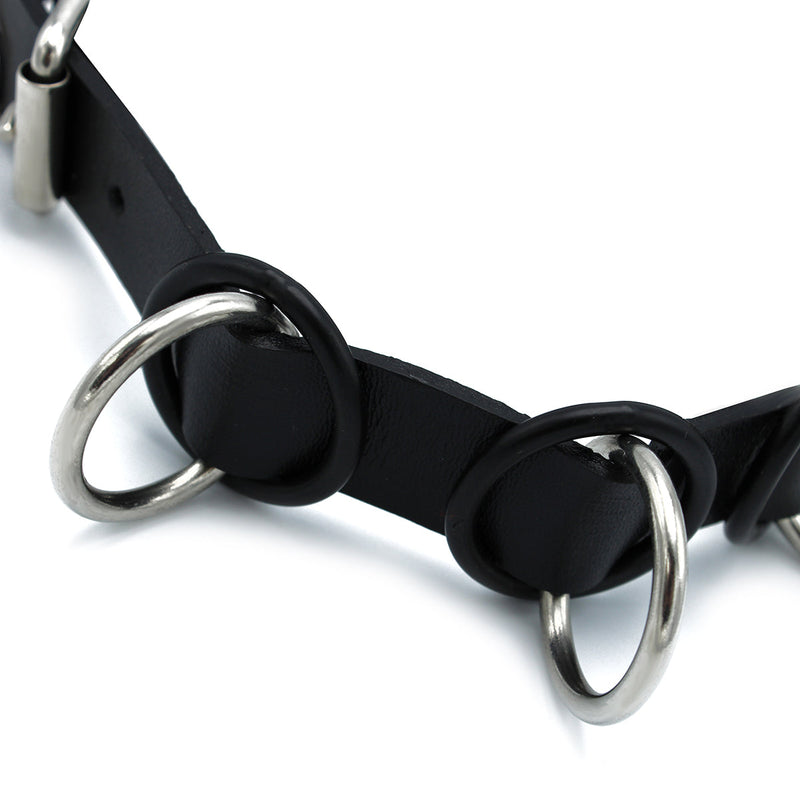 Kiotos - Zwarte Lederen Collar met 7 Statement Ringen-laced-up.nl