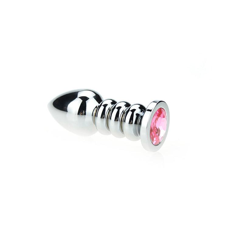 Buttplug Aluminium - Geribbeld - Met Siersteen - Roze-Laced-up.nl