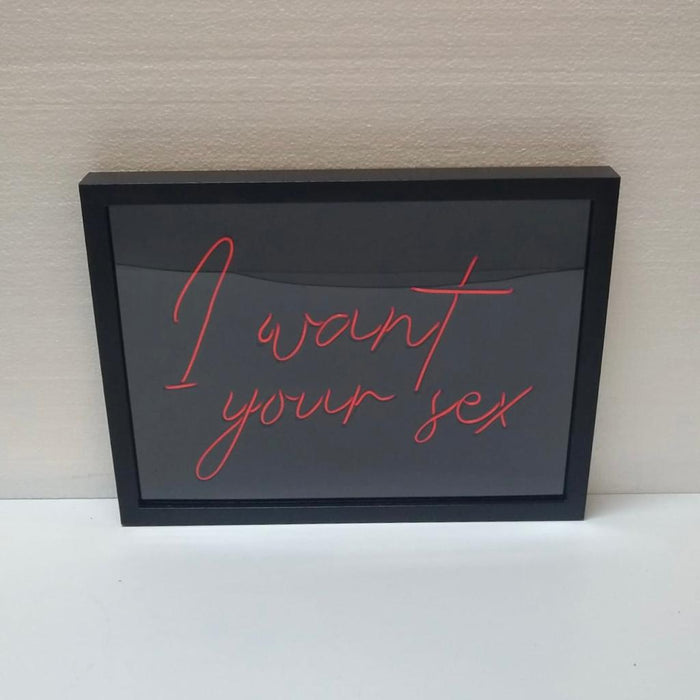 Wandschild mit beleuchtetem Text I WANT YOUR SEX