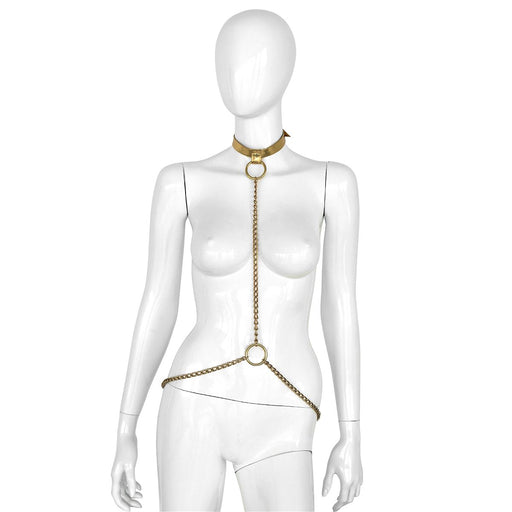 Kiotos Deluxe - Collar - Goud Leren Halsband met Gouden Kettingen - Verstelbaar-Erotiekvoordeel.nl