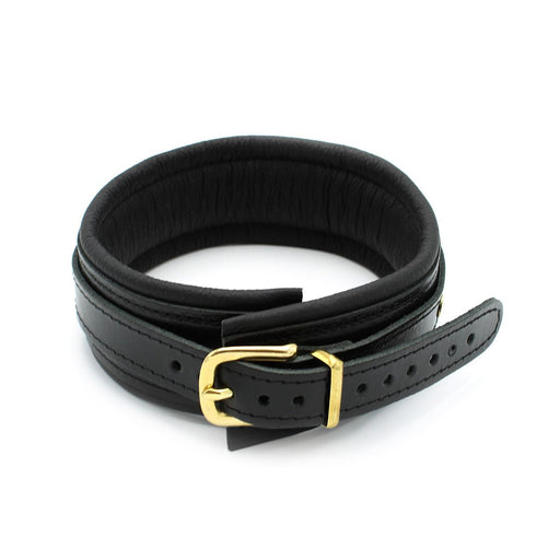 Kiotos Leather - Lederen Collar Met Goudkleurige Metalen Hardware - Zwart-Erotiekvoordeel.nl