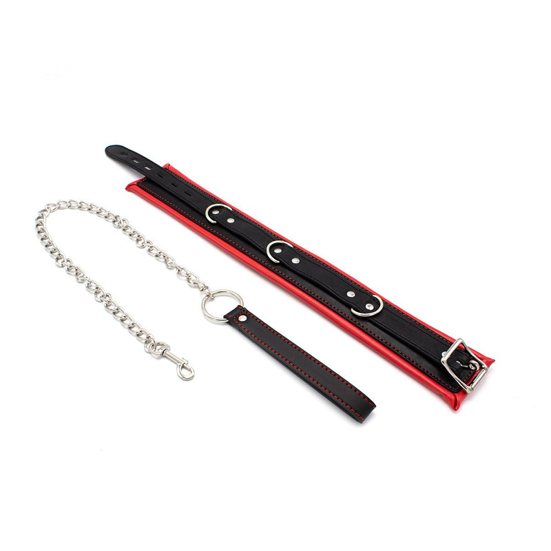 Kiotos Leather - Zwarte Leren collar Met rode voering En leash-Laced-up.nl
