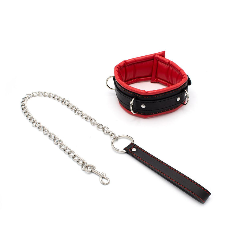 Kiotos Leather - Zwarte Leren collar Met rode voering En leash-Laced-up.nl