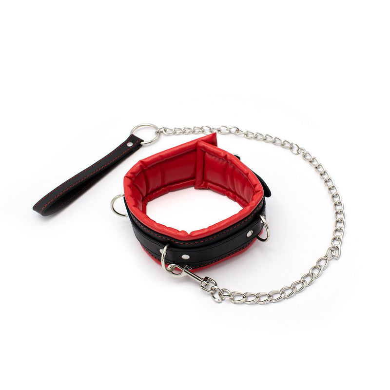 Kiotos Leather - Zwarte Leren collar Met rode voering En leash-Laced-up.nl