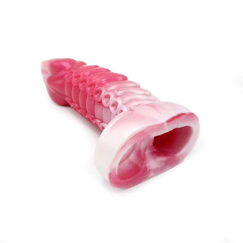 Kiotos Monstar 10 - Penis Sleeve - Penisverlenging - Met Ball Stretcher Opening - Inbreng Lengte 180 mm - Siliconen - Roze Wit-Laced-up.nl