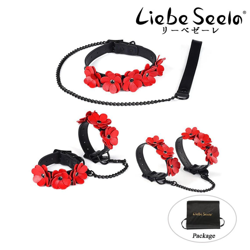 Liebe Seele - Flower Rhythm - Handboeien met Bloemen uit Leer - Exclusief en uniek ontwerp uit Japan - Rood/Zwart-Laced-up.nl