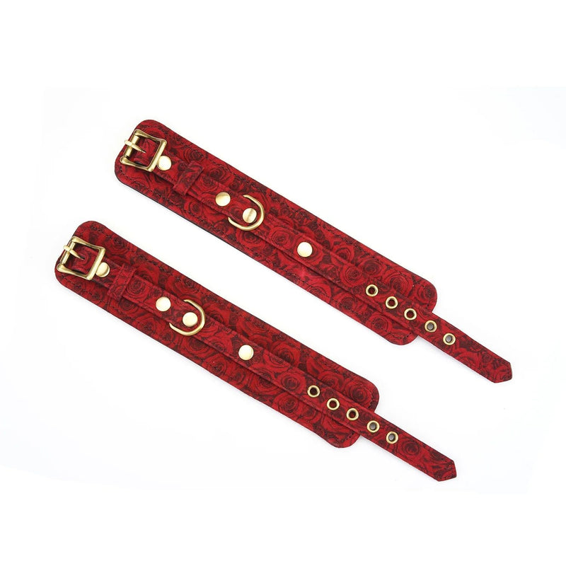 Liebe Seele - Kinbaku Ukiyoe - Lamslederen Polsboeien - Rood met Zwarte Rozen Print - Iets Héél Bijzonders! - Import uit Japan-Laced-up.nl