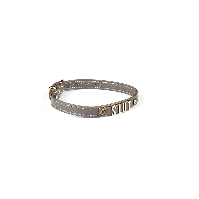 Liebe Seele - Smalle Collar Met Gouden Letters - Slut - Italiaans Kwaliteitsleder - Grijs-Laced-up.nl