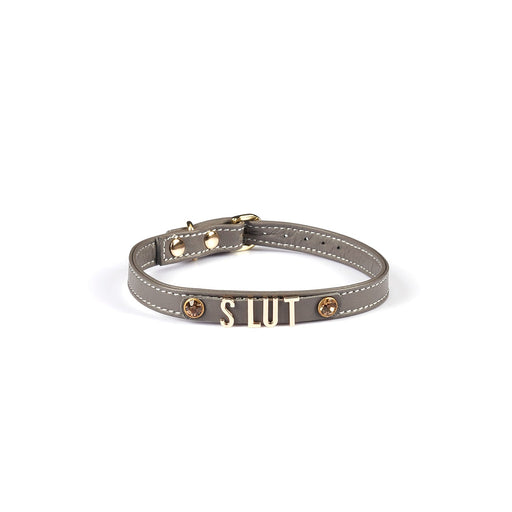 Liebe Seele - Smalle Collar Met Gouden Letters - Slut - Italiaans Kwaliteitsleder - Grijs-Laced-up.nl