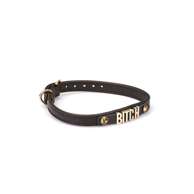 Liebe Seele - Smalle Collar Met Gouden Letters en Sierkristallen - Bitch - Italiaans Kwaliteitsleder - Zwart-Laced-up.nl