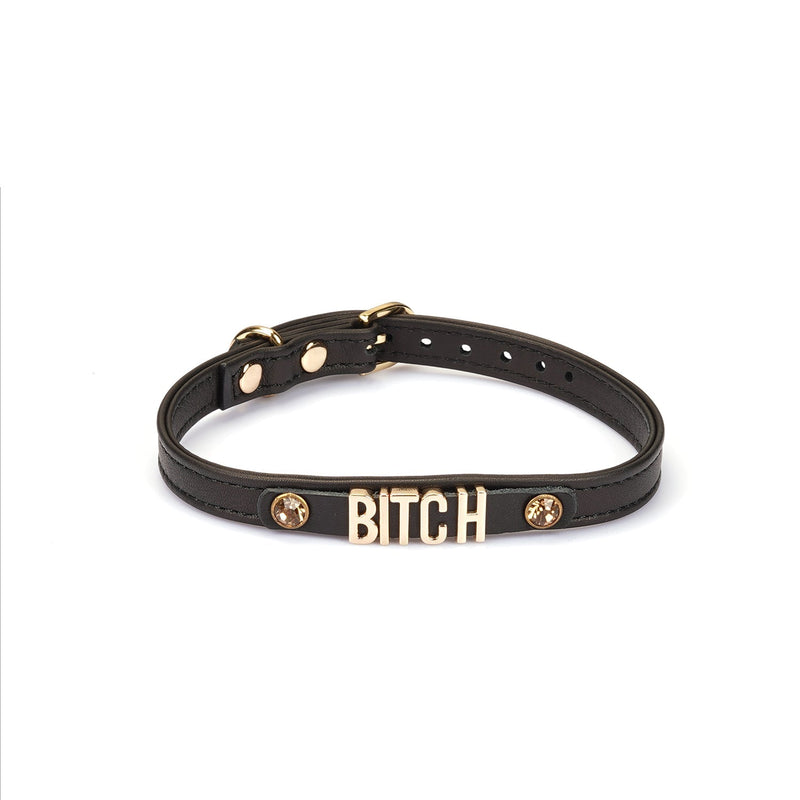 Liebe Seele - Smalle Collar Met Gouden Letters en Sierkristallen - Bitch - Italiaans Kwaliteitsleder - Zwart-Laced-up.nl