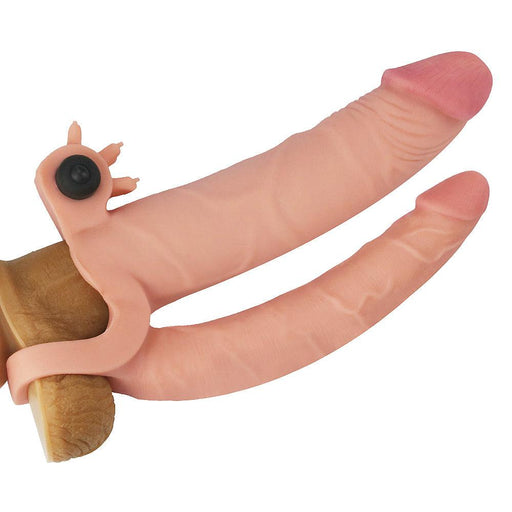 Lovetoy - Pleasure X-tender Vibrerende dubbele penis sleeve 18 En 14 cm - Lichte Huidskleur-Erotiekvoordeel.nl