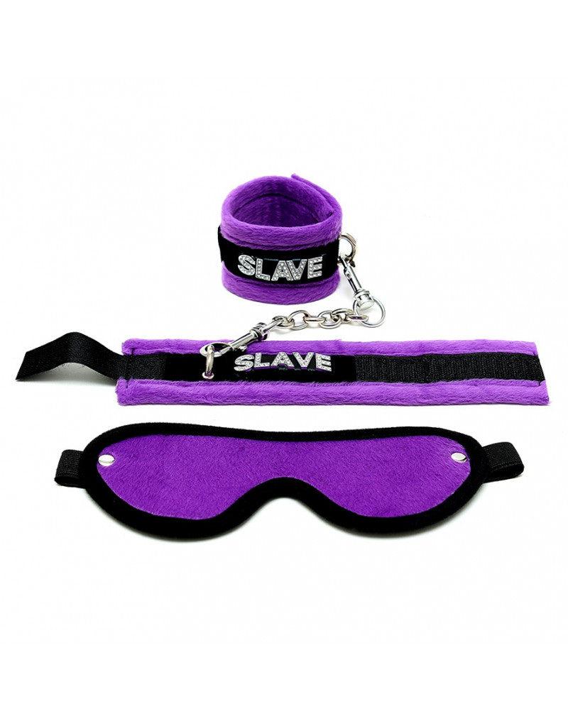 Soft Bondage Set blinddoek En handboeien SLAVE - Zwart/Paars