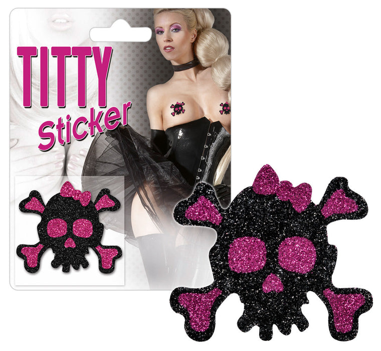 Titty Sticker - Tepelplakkers - Roze/Zwarte Glitter Skull-Erotiekvoordeel.nl