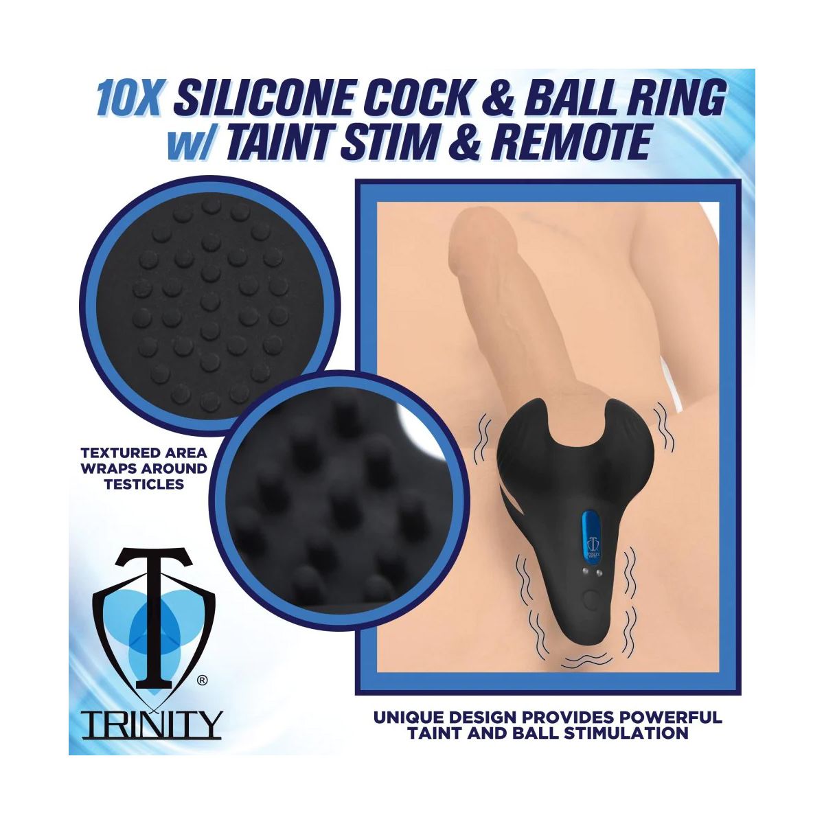 Trinity Vibes - 10X Silicone Cock & Ball Ring met Perineum Stimulator & afstandsbediening-Erotiekvoordeel.nl